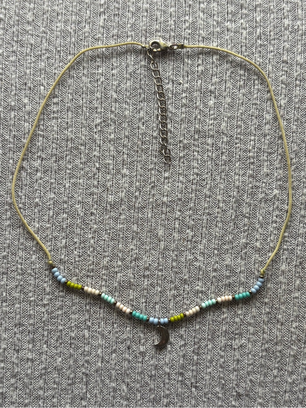 Bohemian theme blue, green & white microbeaded adjustable chain choker necklace
